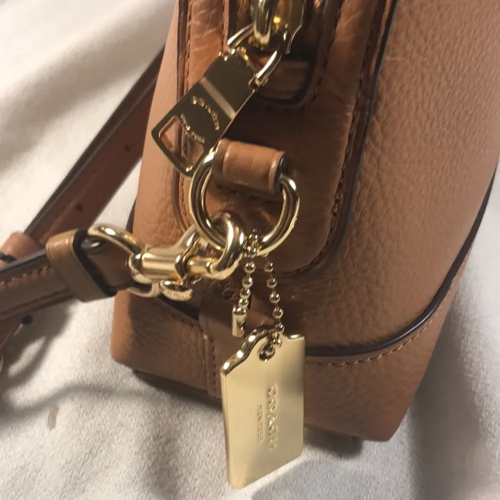 Coach Dome Women’s Brown Pebble Leather Adjustable Strap Gold Logo Crossbody Bag